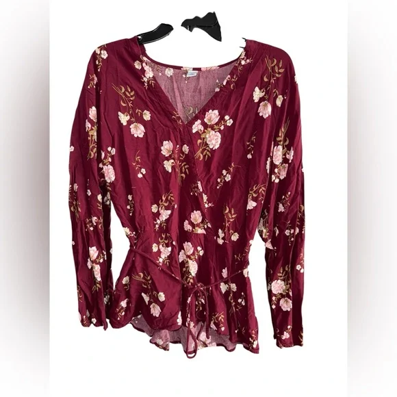 Old Navy Burgundy Floral Long Sleeve Tie-Waist Blouse - Large Tall - Picture 2 of 7